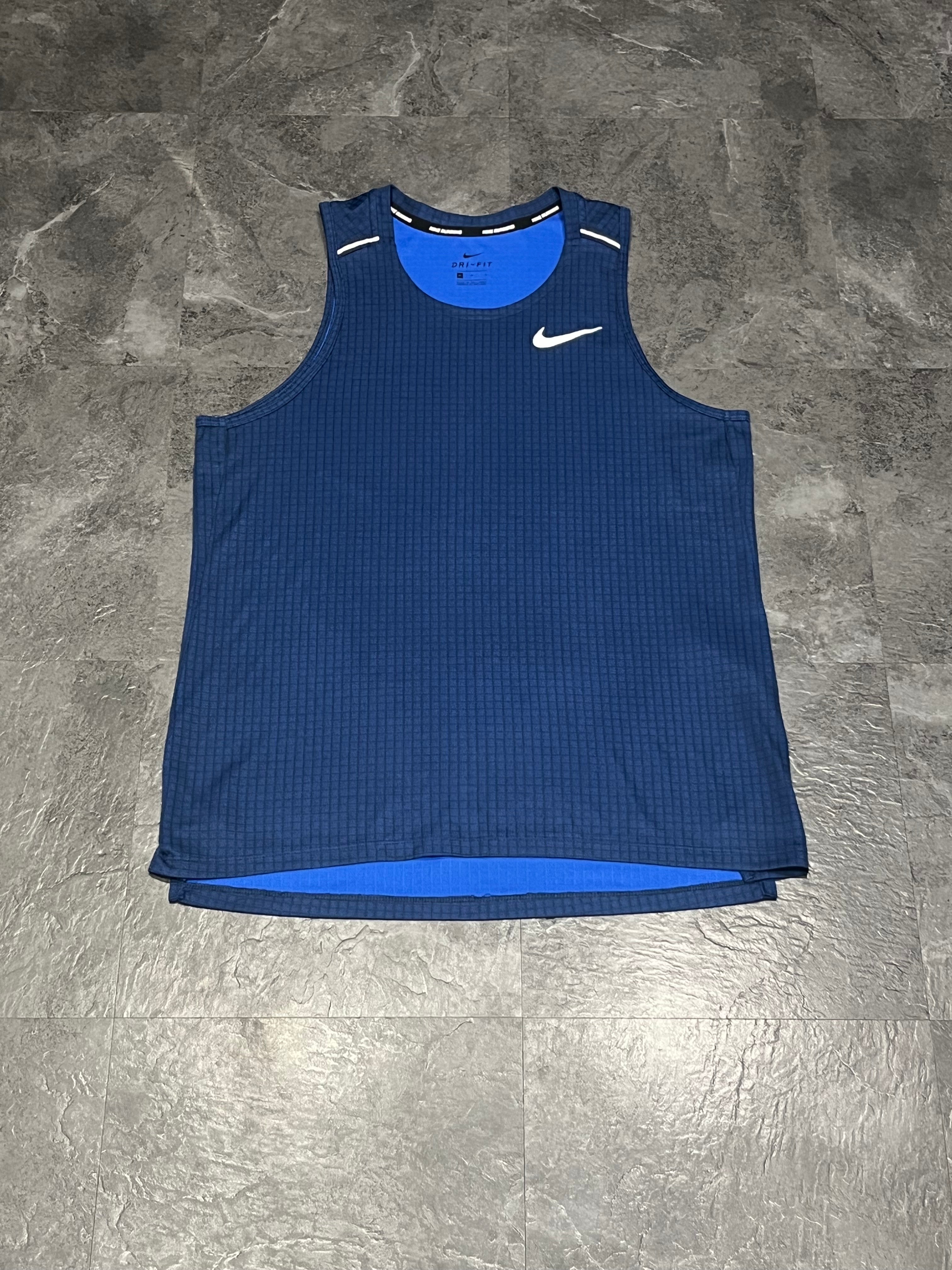 Grid Pattern Blue Nike Mens Dri Fit Miler Running Singlet / Vest