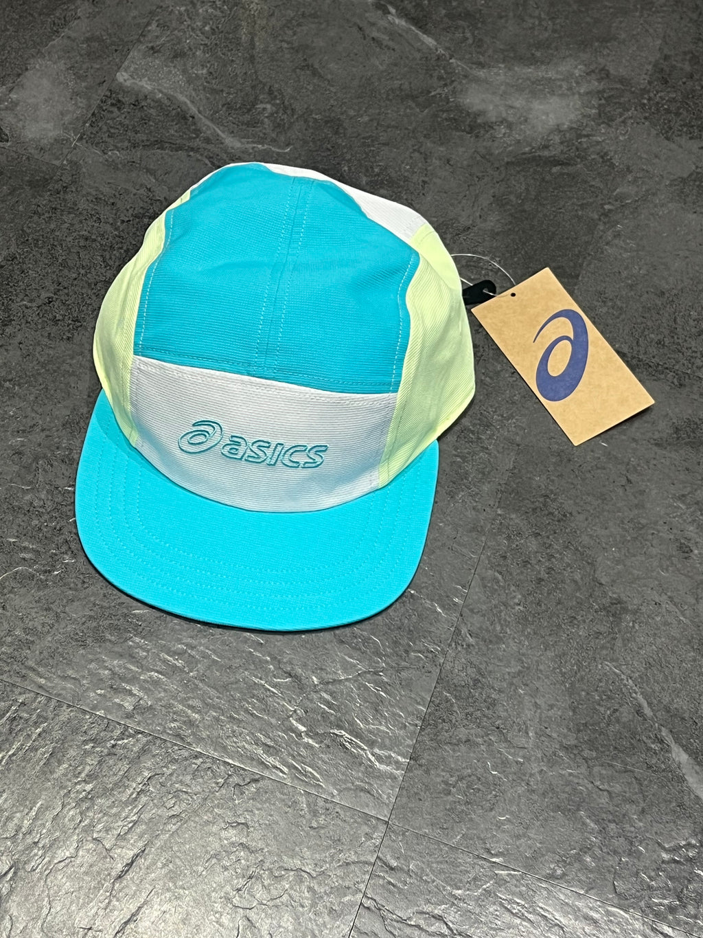 Energy Aqua/White Asics 5 Panel Running Cap - Unisex