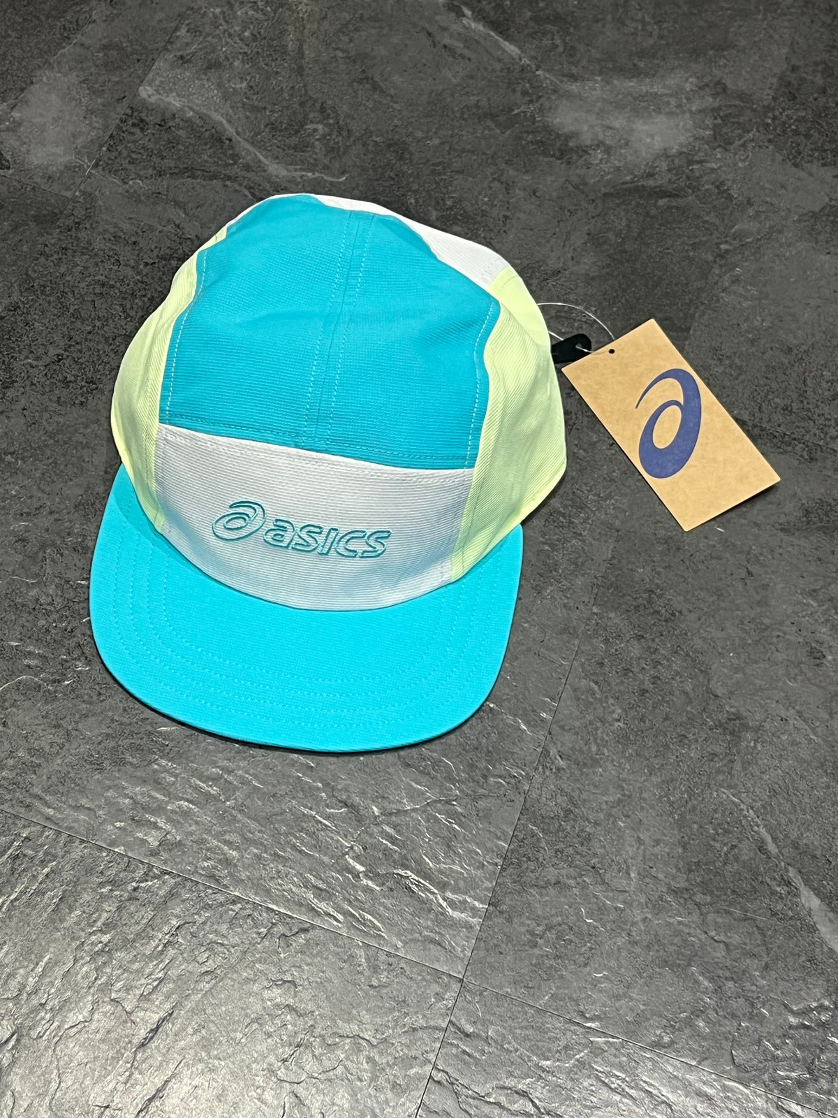 Energy Aqua/White Asics 5 Panel Running Cap - Unisex